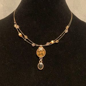 2 Button with Beads on 2-Strand Gold Tone Wire Necklace